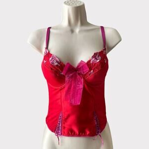 Vintage Satin Embroidered Mesh Bustier, Size 34B, Red Purple